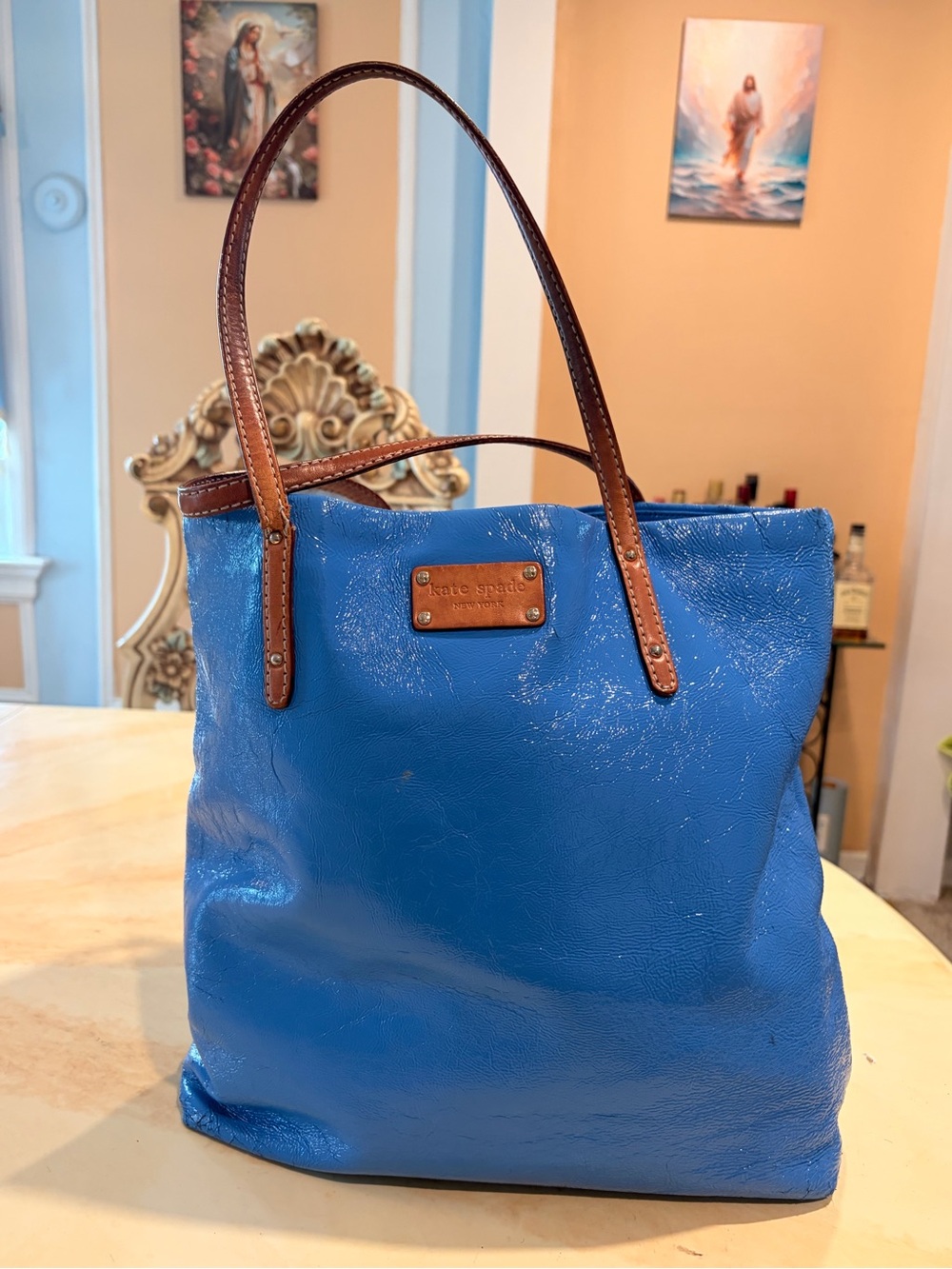kate spade XXL BEAUTIFUL Blue Leather Tote with Brown Handles